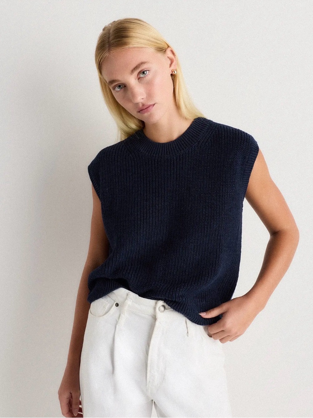 Quince cotton Linen Navy Sleeveless Knit Sweater Tank M NWT